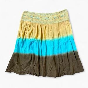 A line Boho brown and blue embroidered midi skirt